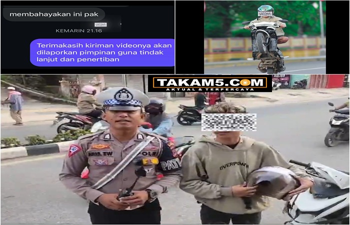 "Polisi lalu lintas Polres Kotabaru mengamankan pelaku aksi freestyle motor yang berbahaya di jalan raya. Tampilan layar mencakup laporan masyarakat via pesan teks, tangkapan aksi motor di jalan, dan pelaku yang ditahan bersama barang bukti motor, demi menjaga keselamatan dan ketertiban lalu lintas."