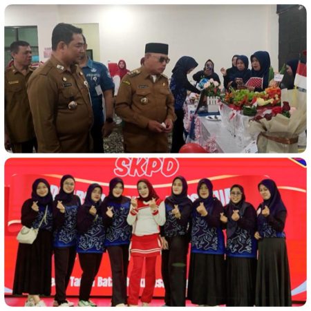 Bupati Kotabaru H. Muhammad Rusli bersama Sekda H. Eka Saprudin meninjau lomba antar-SKPD yang digelar DWP Kotabaru dalam rangka HUT ke-80 RI.