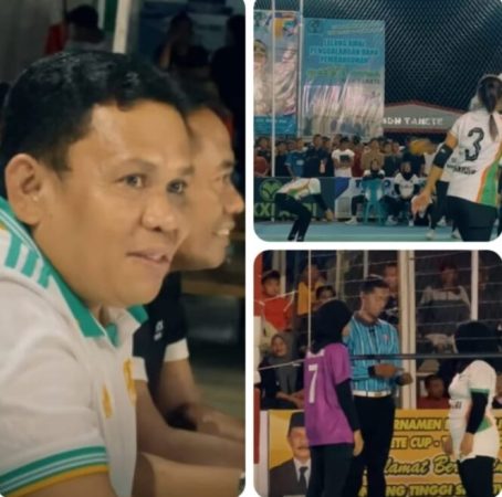 Kolase foto suasana turnamen bola voli di Desa Ternate, Kabupaten Tanah Bumbu. Tampak penonton dan panitia menyaksikan pertandingan, pemain voli sedang bertanding di lapangan, serta suasana malam yang ramai dan penuh antusiasme.