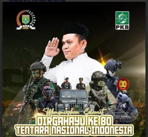 Desain ucapan H. Hasanudin, Wakil Ketua DPRD Tanah Bumbu, memperingati Hari Ulang Tahun ke-80 Tentara Nasional Indonesia (TNI) dengan latar prajurit TNI dan kendaraan militer.