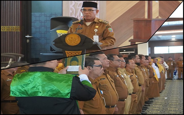 Bupati Kotabaru H. Muhammad Rusli melantik dan mengambil sumpah jabatan pejabat administrator, pengawas, dan fungsional di lingkungan Pemerintah Kabupaten Kotabaru di Aula Bamega, Kantor Bupati Kotabaru, Sebelimbingan, Senin (5/1/2026).